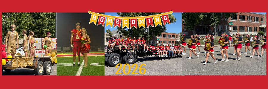 Photo collage from Homecoming 2026, featuring King Malachi Craddock and Queen Layne Tate, and parade photos featuring 9th grade, the football team and cheerleaders. 