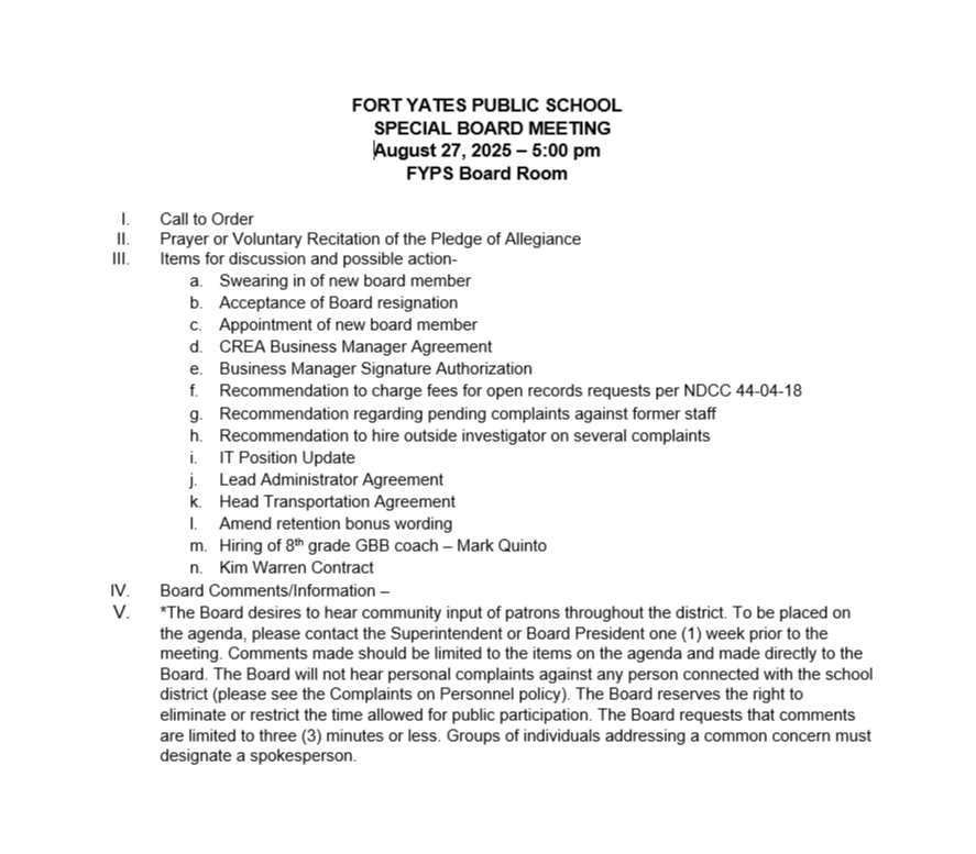 FYPS School Board Meeting August 27th, 2025
