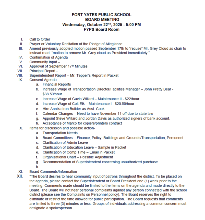 FYPS School Board Meeting October 22nd, 2025
