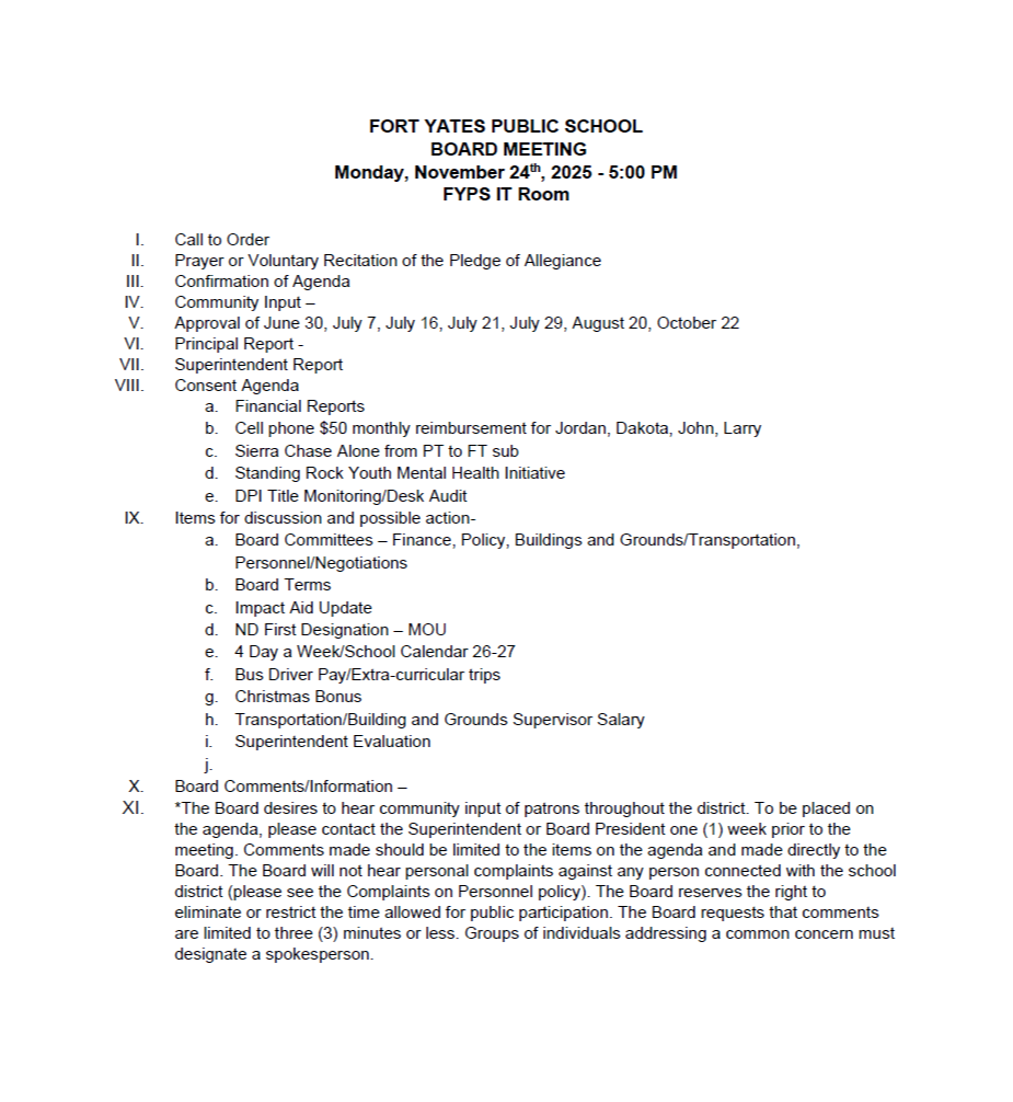 FORT YATES PUBLIC SCHOOL BOARD MEETING Monday, November 24th, 2025 - 5:00 PM