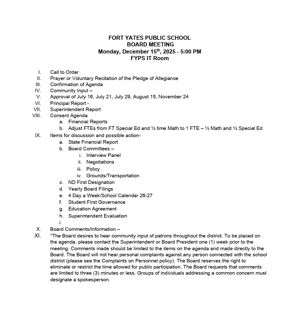 FORT YATES PUBLIC SCHOOL BOARD MEETING Monday, December 15th, 2025