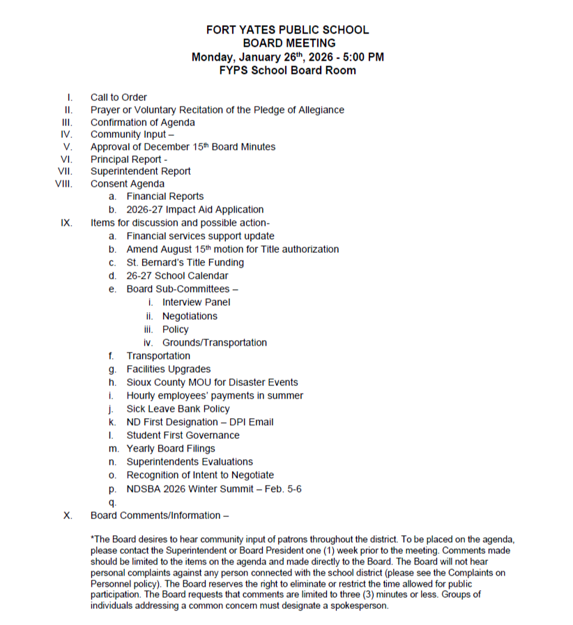 FORT YATES PUBLIC SCHOOL BOARD MEETING 01/26/26