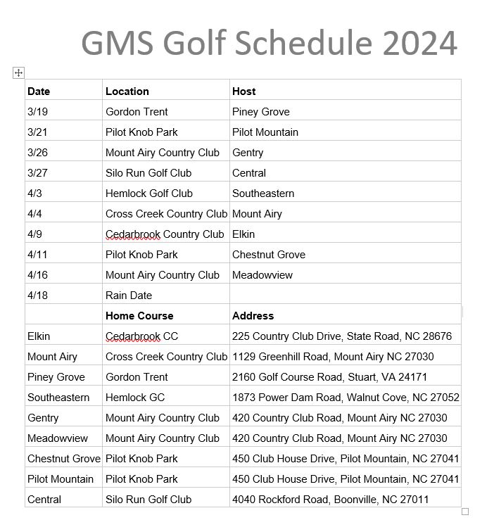 golf schedule