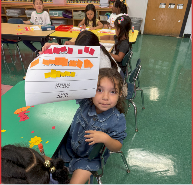 Female Student holding up her work 