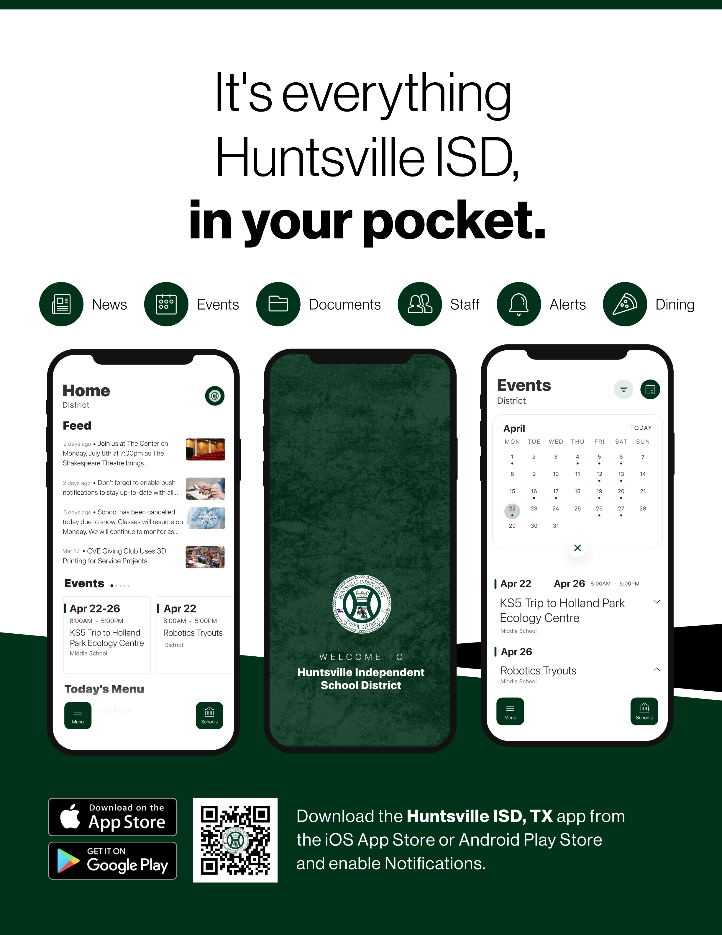 Huntsville ISD, TX app promotional flyer