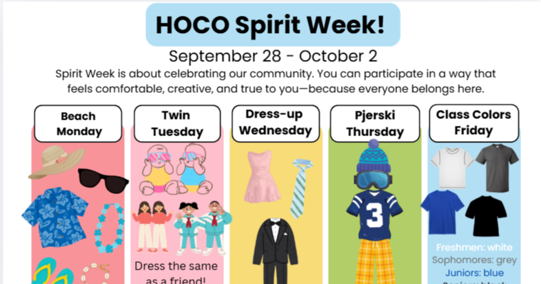 A poster lists HOCO Spirit Week events from September 28 to October 2. Each day has a theme and corresponding outfit suggestions.