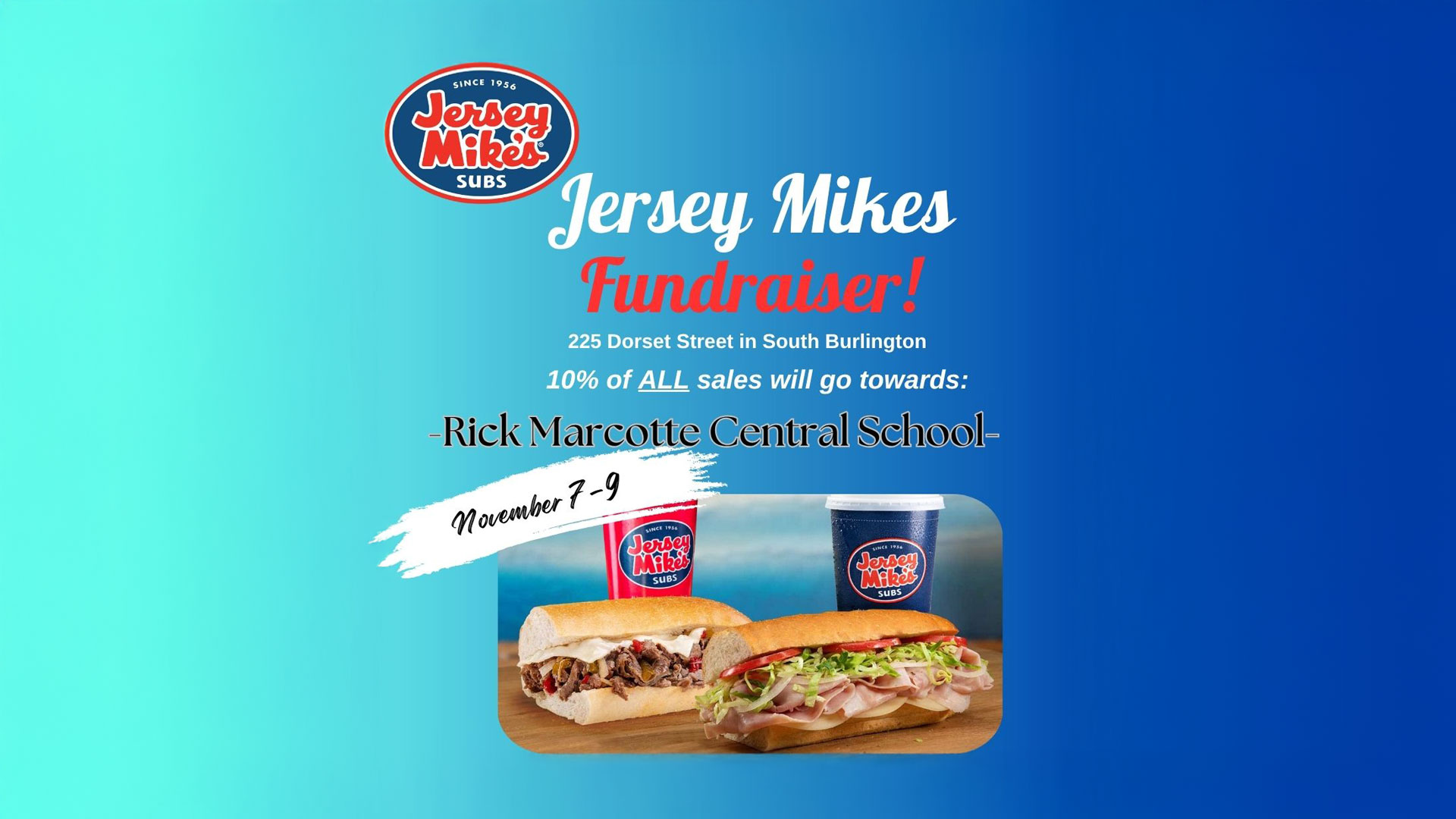 Jersey Mikes Subs Logo.  Jersey Mikes Fundraiser, 225 Dorchester Street in South Burlington 10% of all sales will go towards: Rick Marcotte Central School. November 7-9, images of Jersey Mikes Sandwich products.