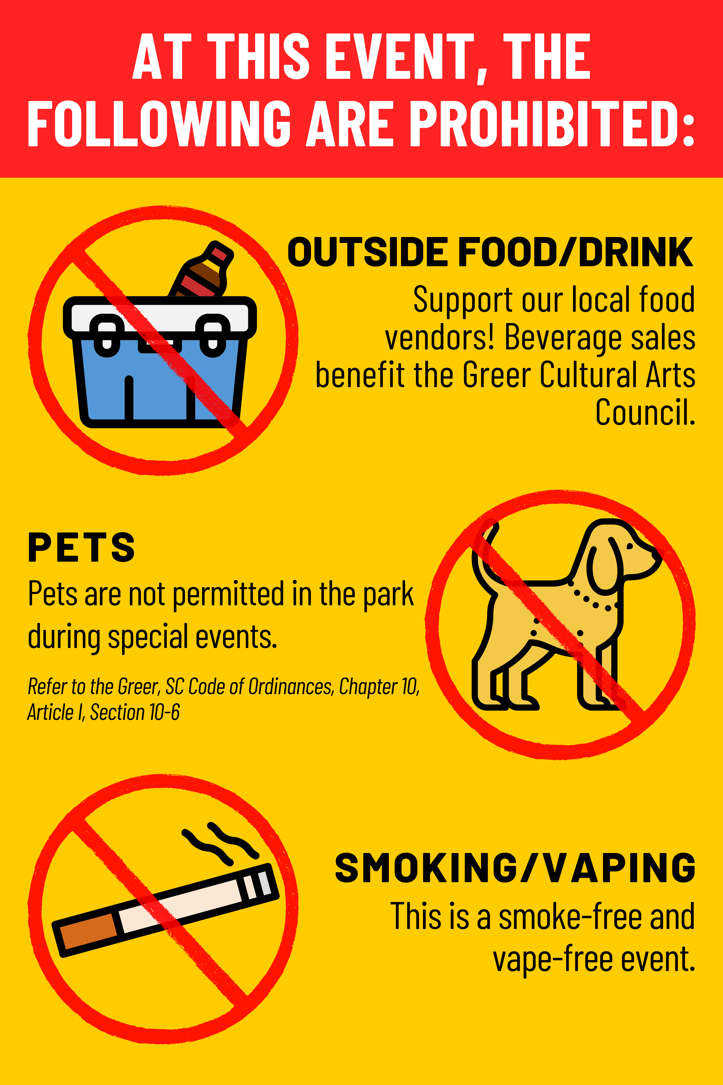 an image detailing what not to bring to the event. No outside food/drink, no pets, and no smoking.vaping