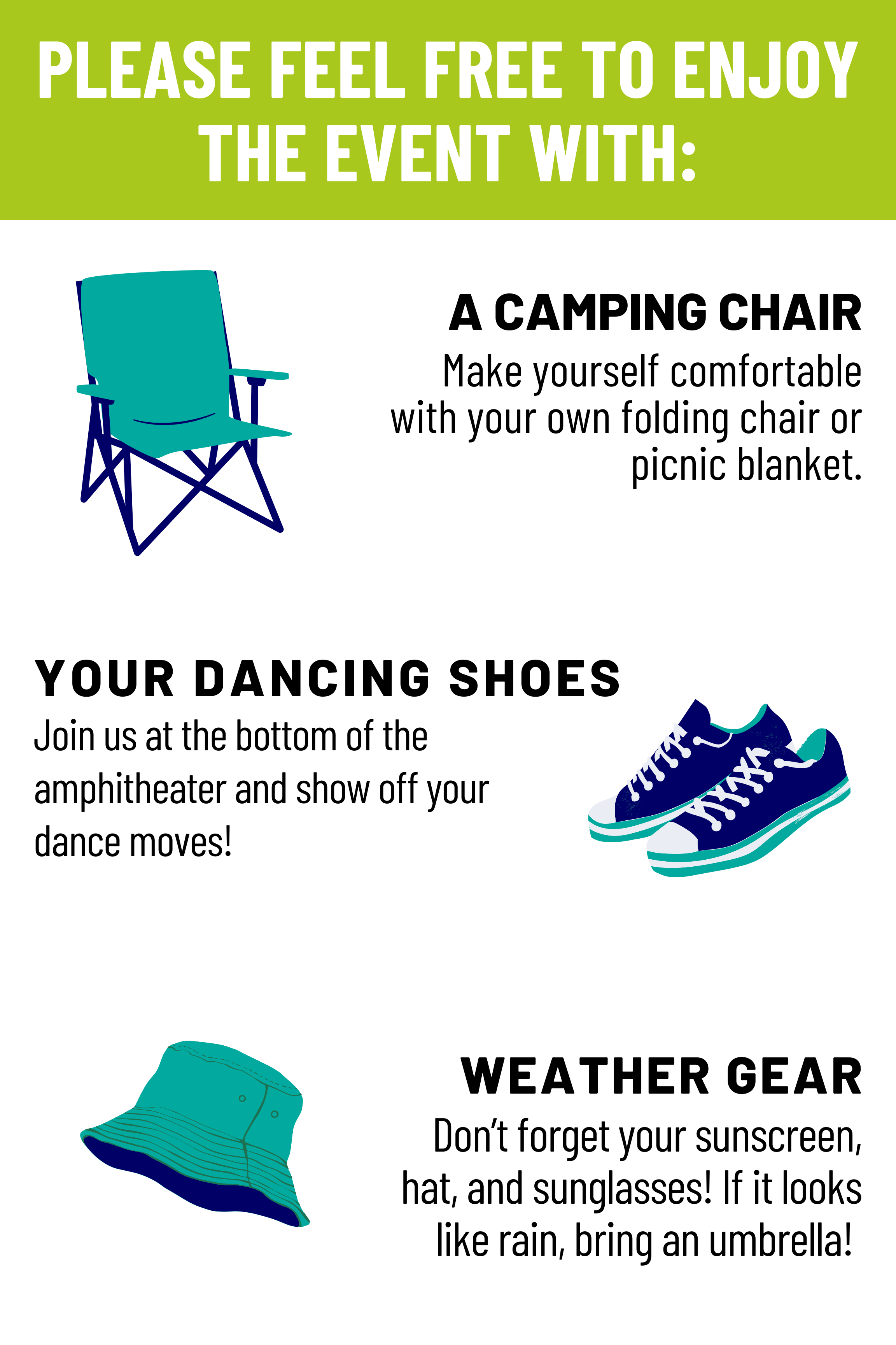 an image detailing what you are allowed to bring to the event. It is a good idea to bring a camping chair, your dancing shoes, and sun protection or an umbrella.