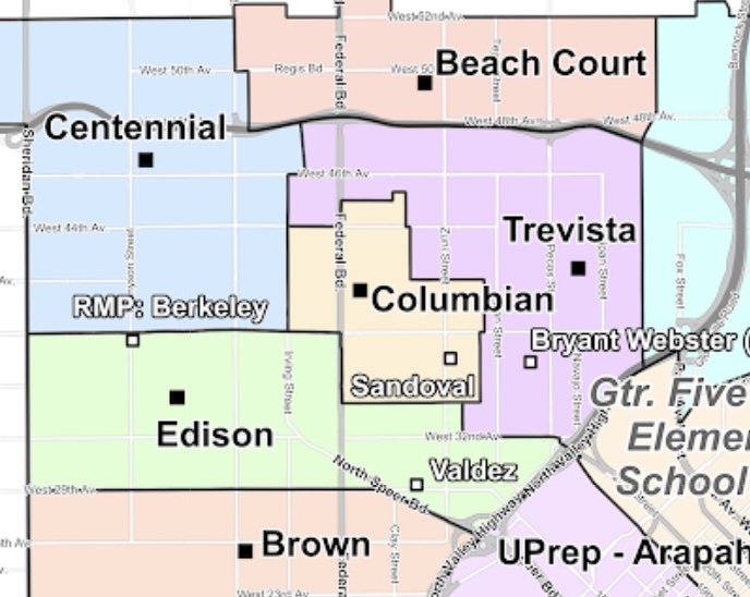 Map of current elementary school enrollment zones in Northwest Denver