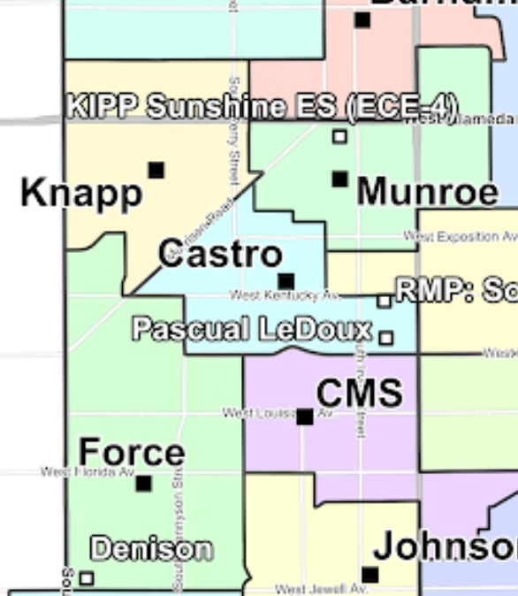 Map of current elementary school enrollment zones in Southwest Denver