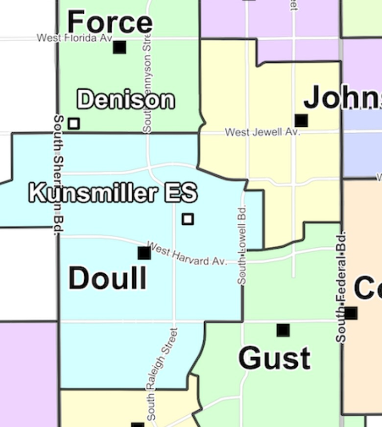 Map of current elementary school enrollment zones in Southwest Denver