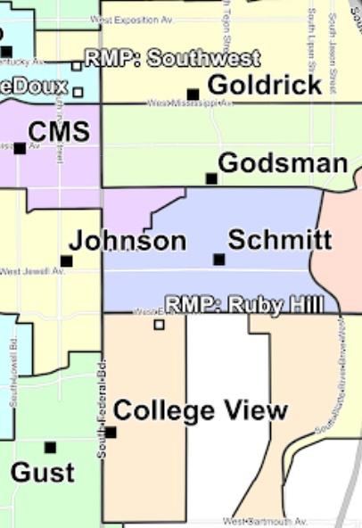 Map of current elementary school enrollment zones in Southwest Denver