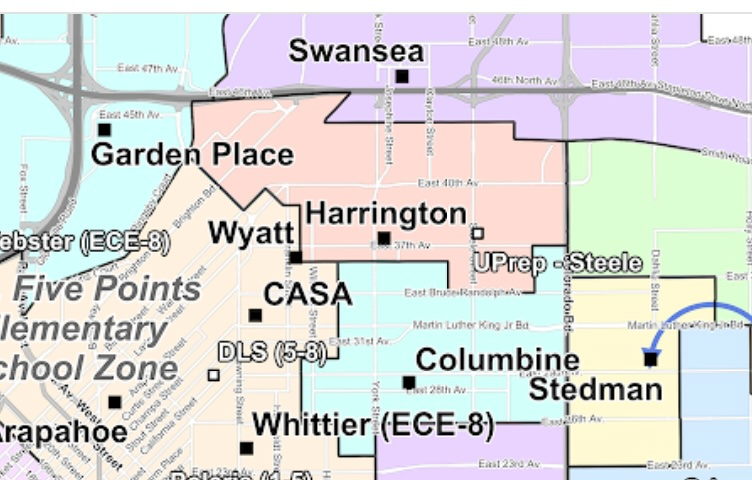 Map of current elementary school enrollment zones in Central Denver