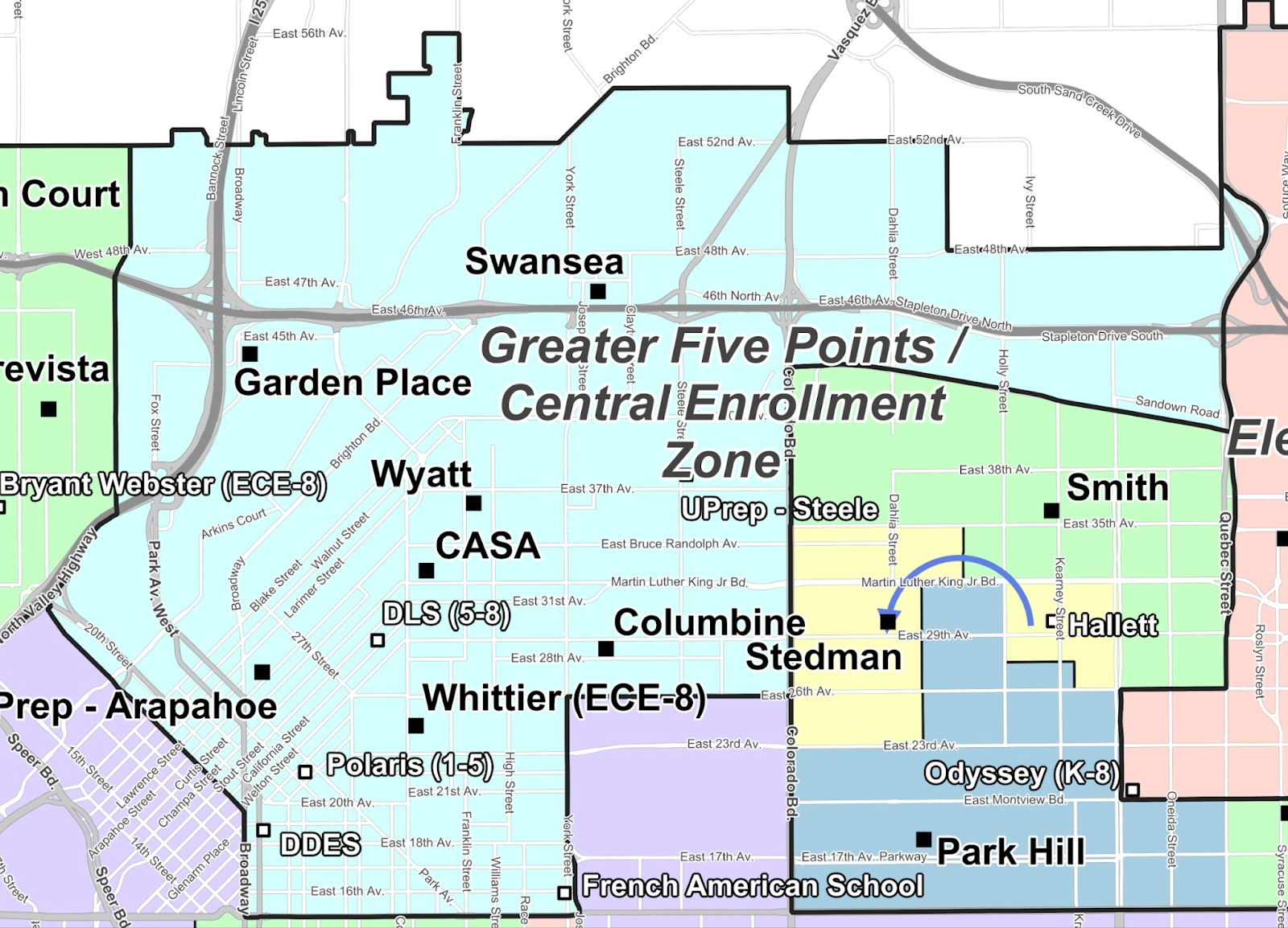 Proposed Greater Five Points/Central Enrollment Zone map