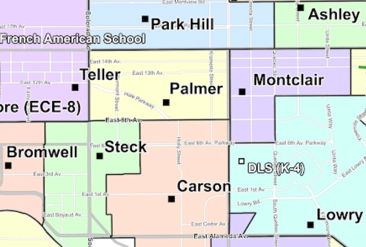 Map of current elementary school enrollment zones in Central Denver