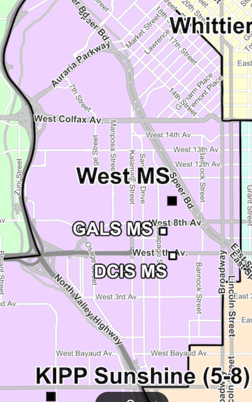 Map of current middle school enrollment zones in Central Denver