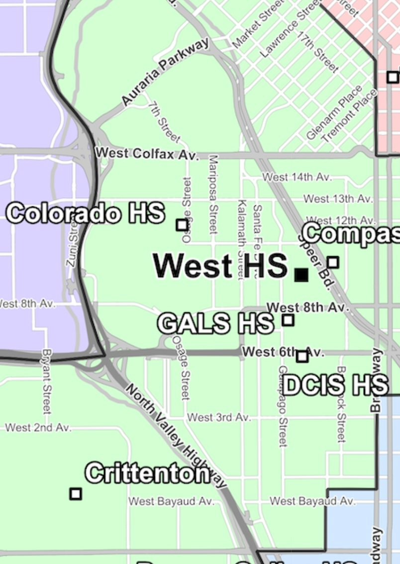 Map of current high school enrollment zones in Central Denver