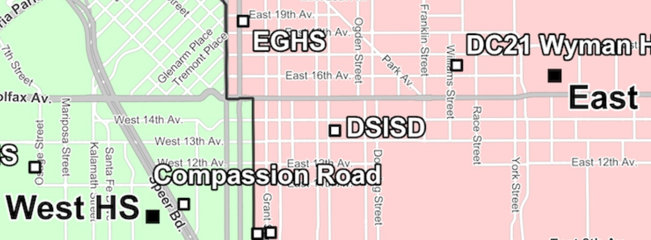 Map of current high school enrollment zones in Central Denver