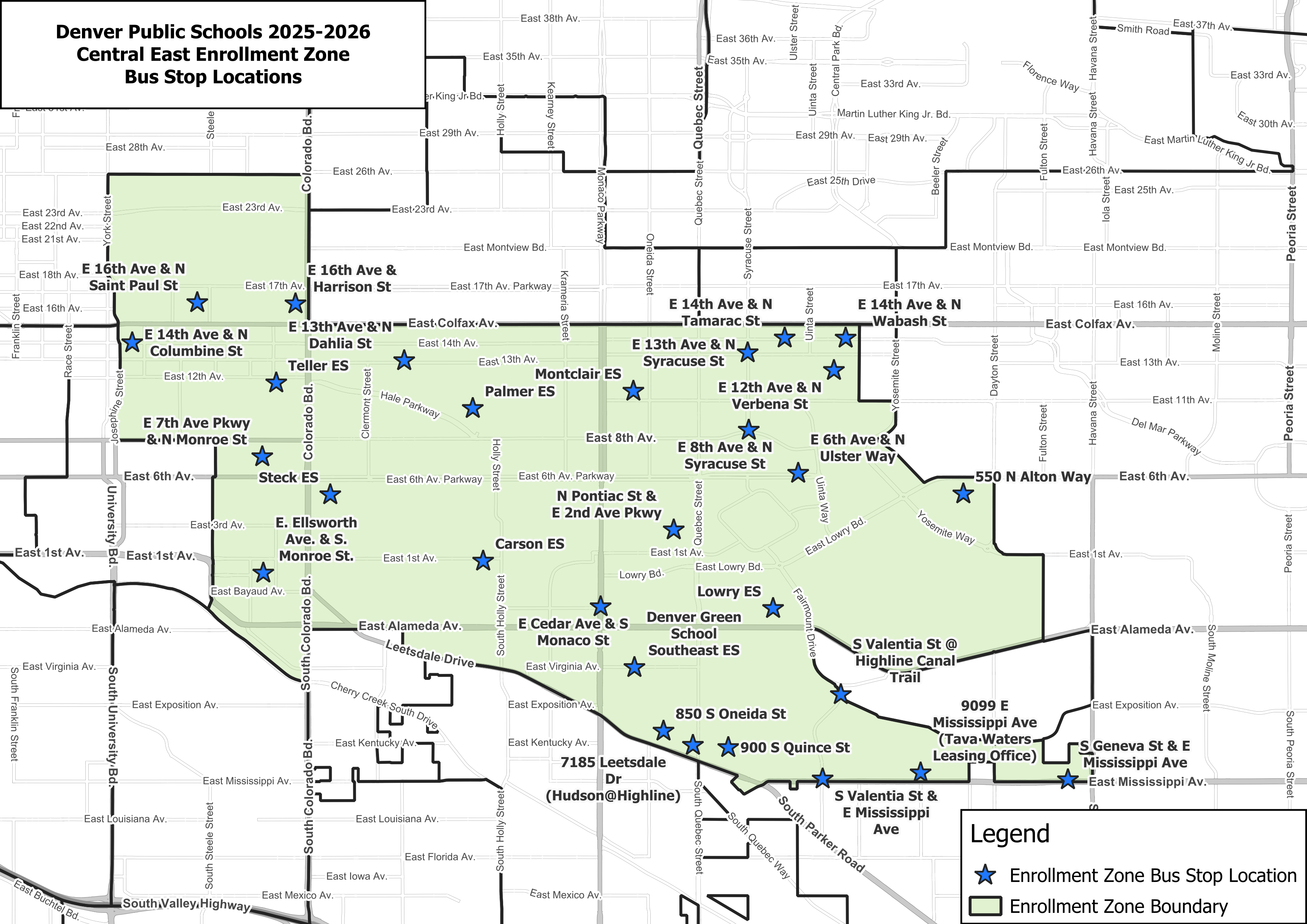 Map of Bus Stops for the Central East Enrollment Zone