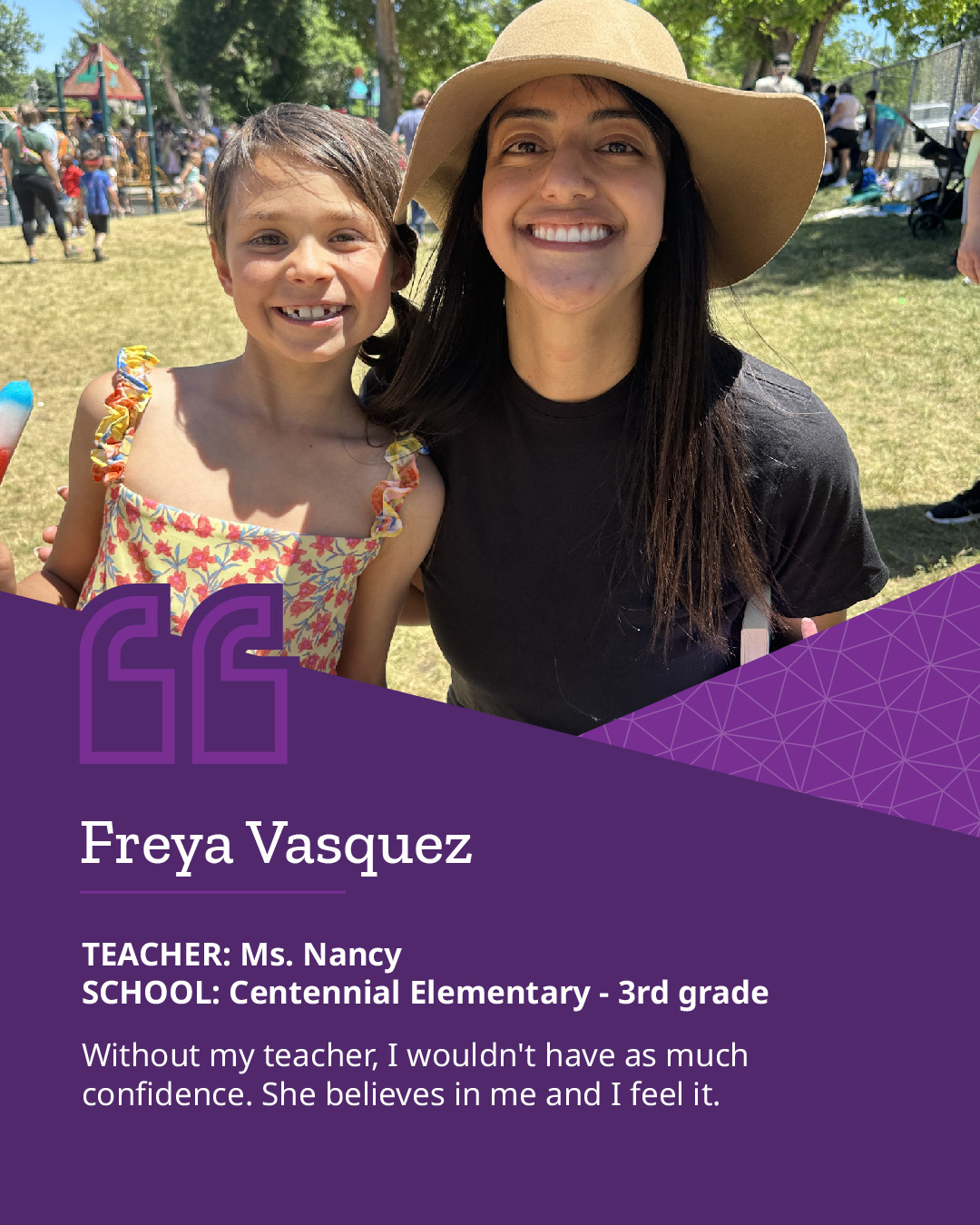 Image of a student with a teacher outside with a quote underneath