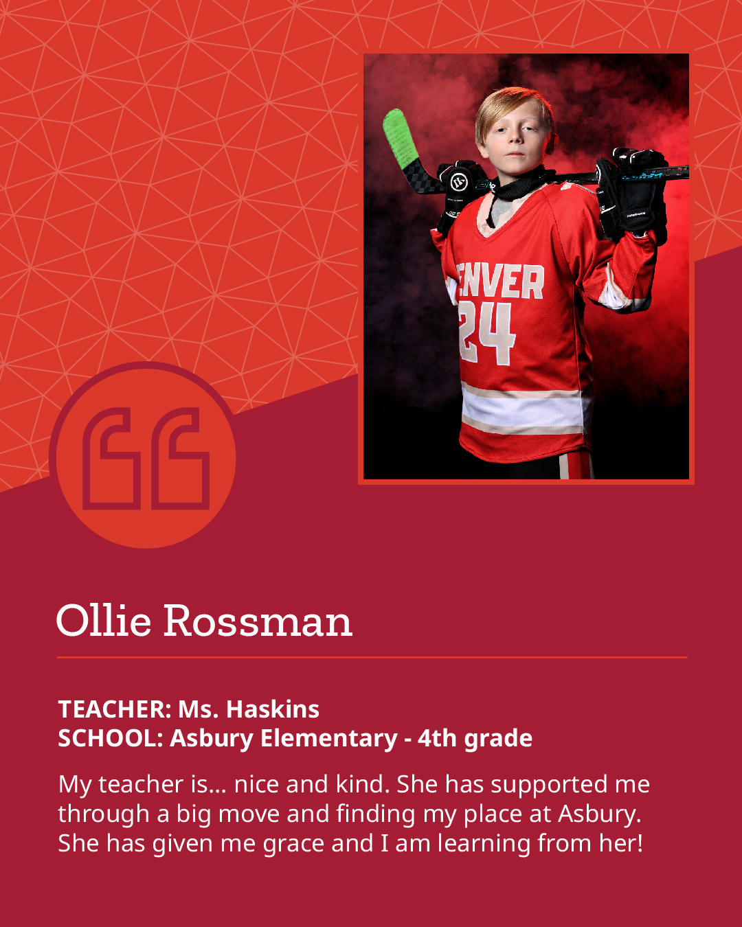 Student standing in a hockey uniform with a quote about their teacher below