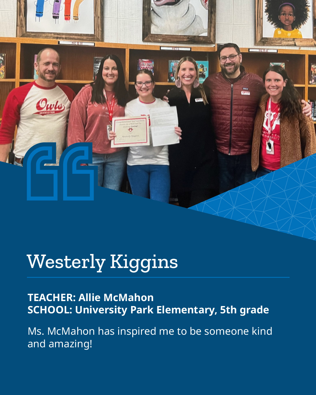Photo of a group of people smiling at the camera with a quote about a teacher below