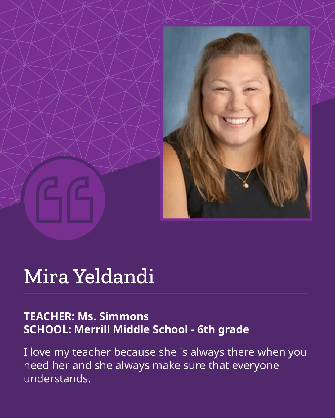 Portrait of a woman smiling with a quote