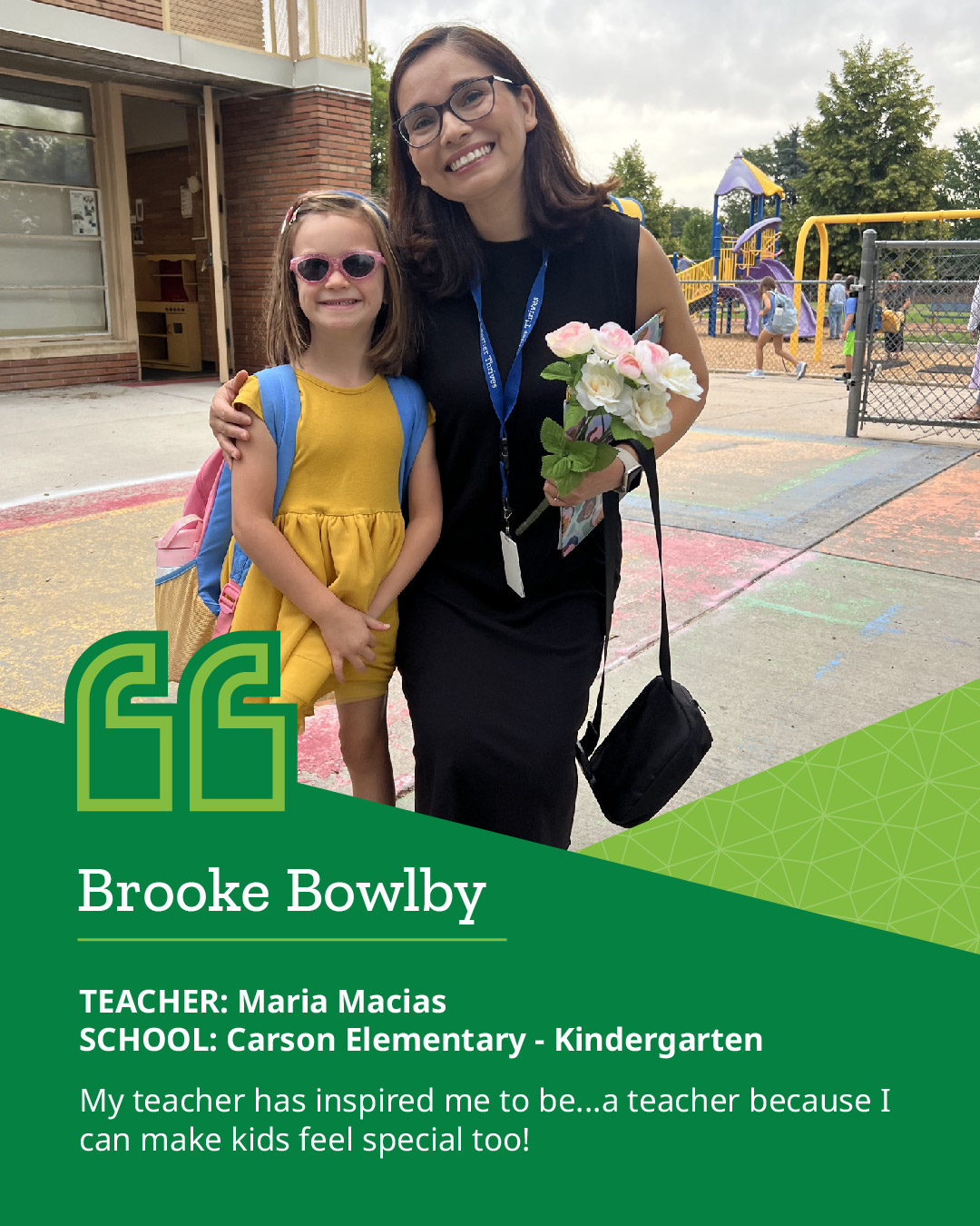 Student with teacher smiling with quote