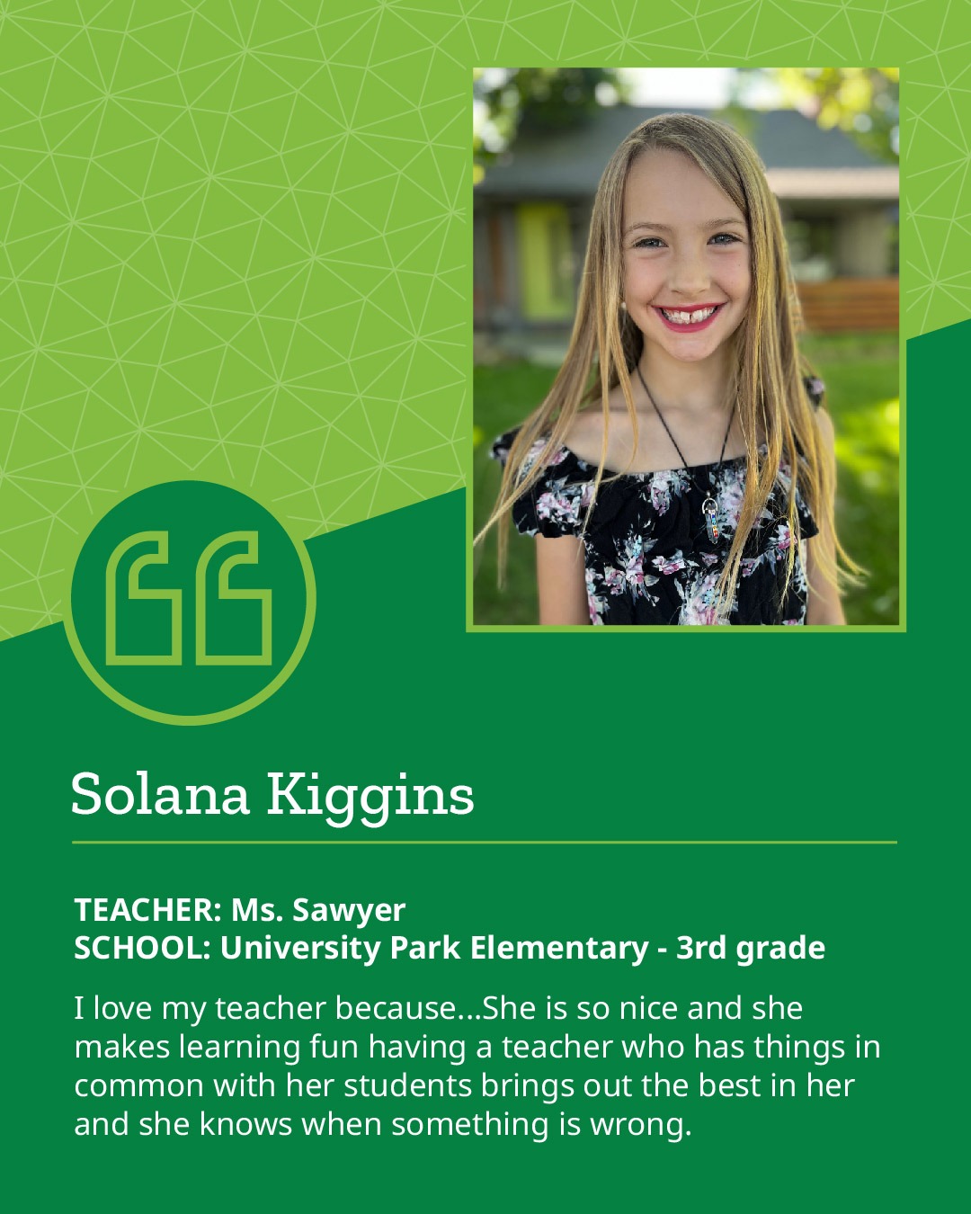 Student smiling at camera with quote