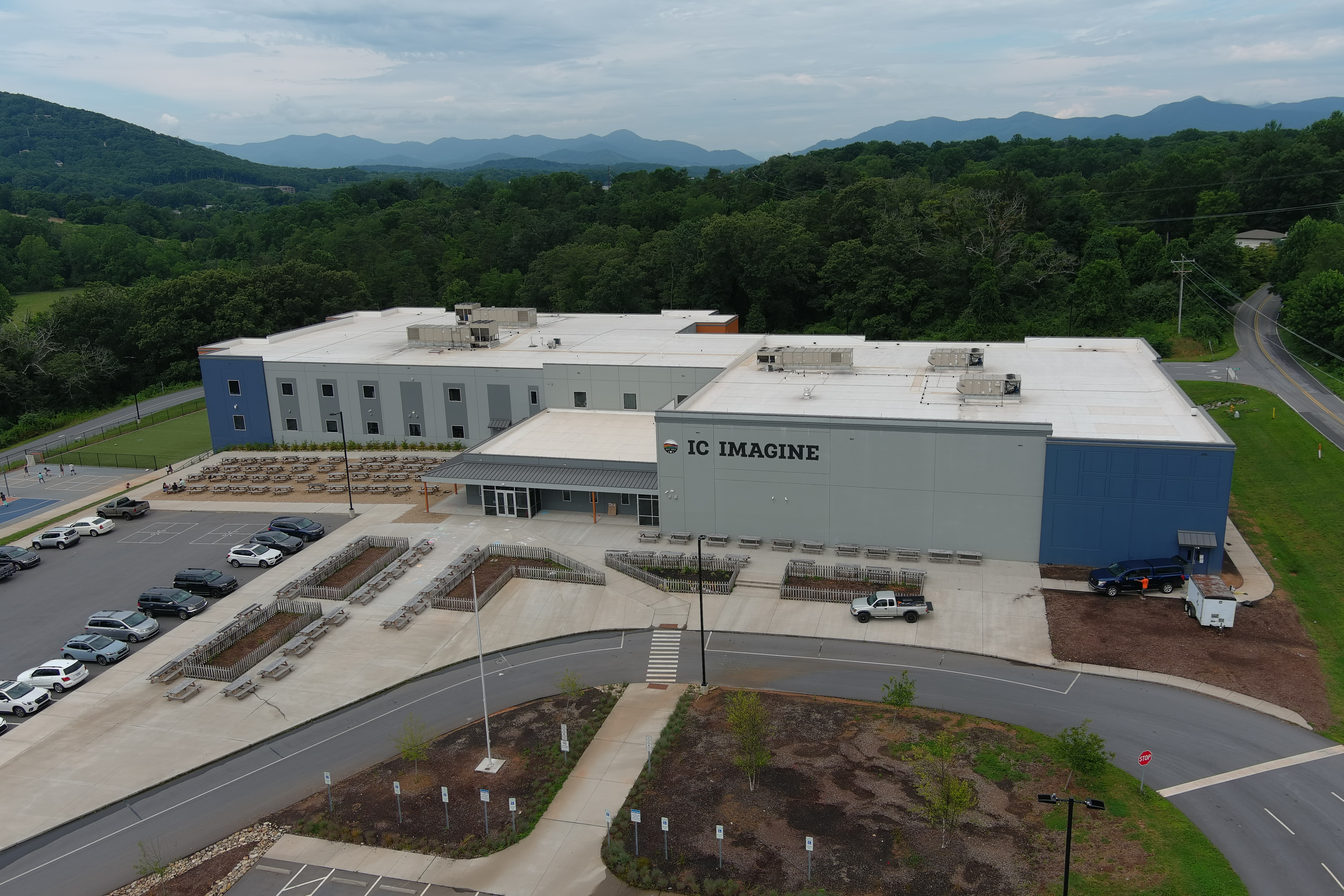 aerial shot of the school from the front