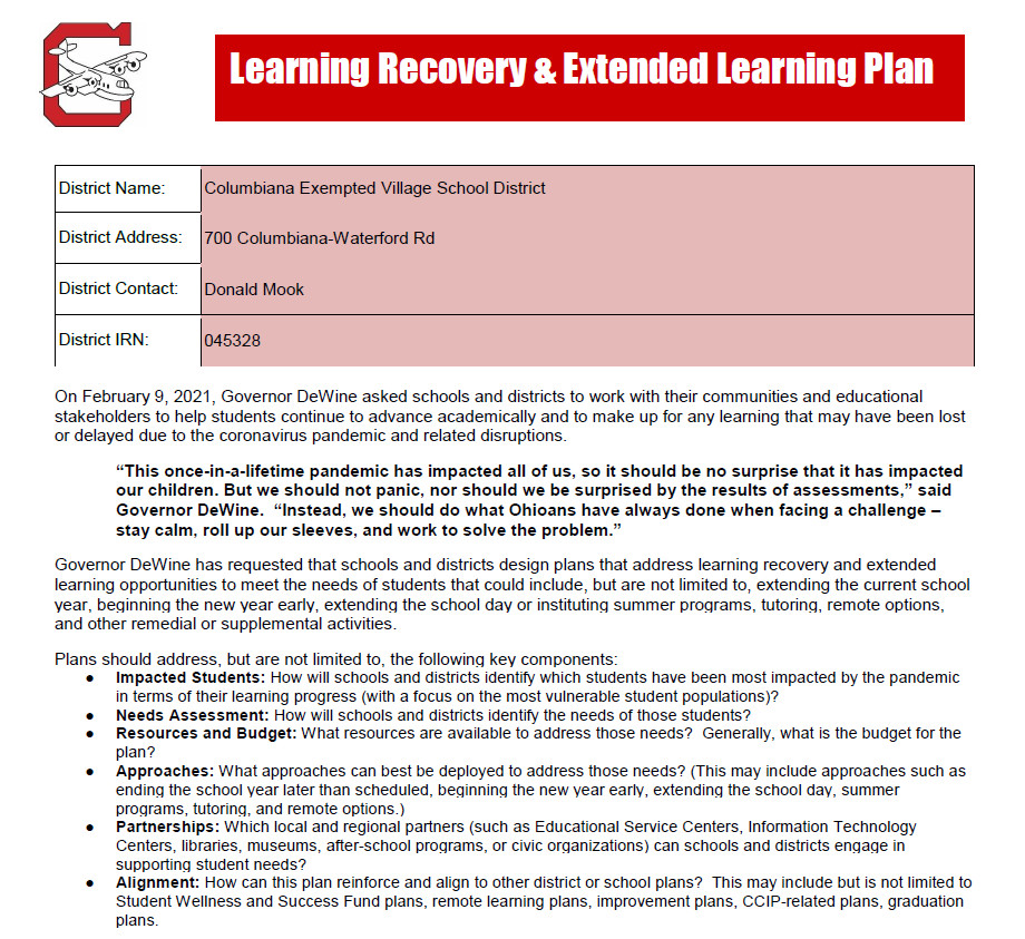 Learning and Recovery Plan