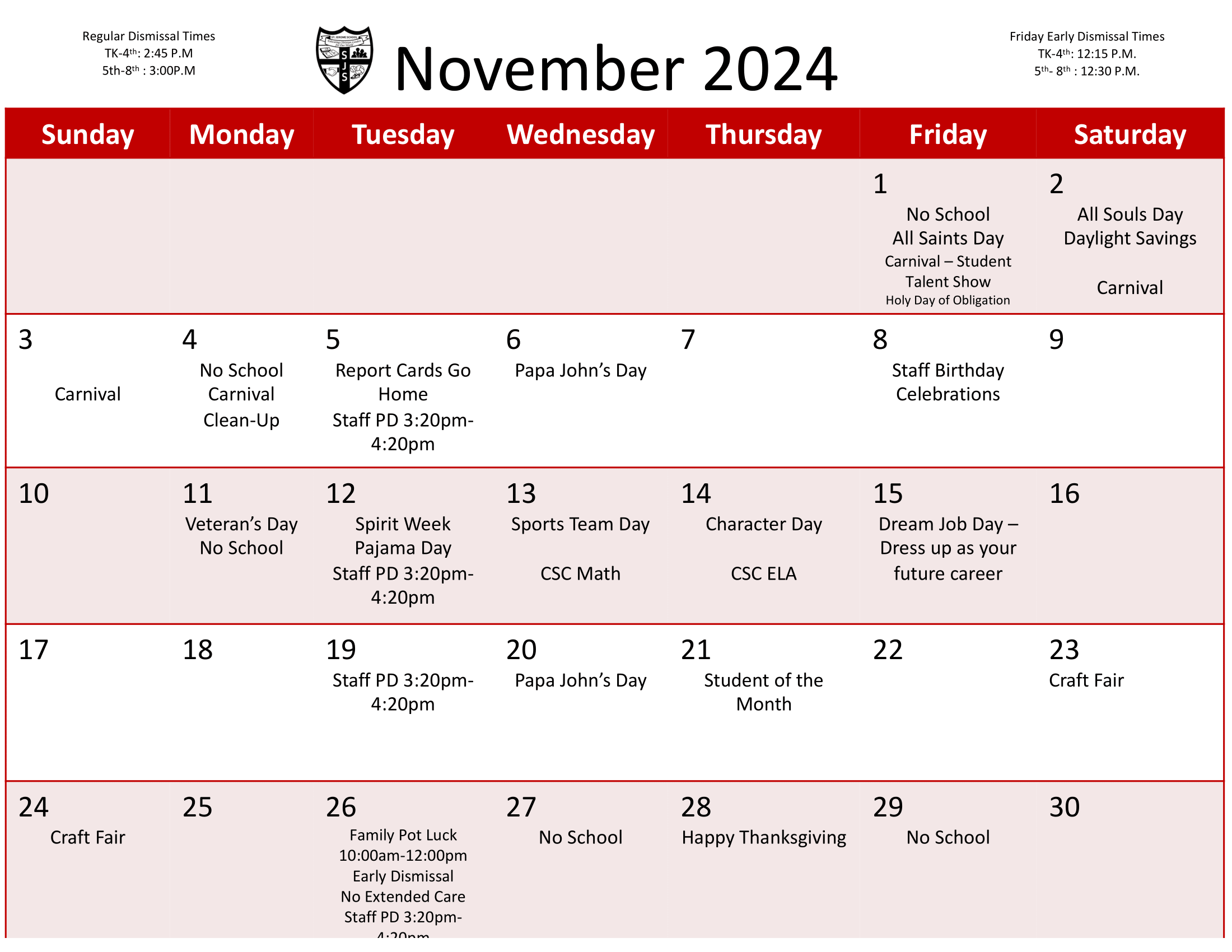 Calendar | St. Jerome School