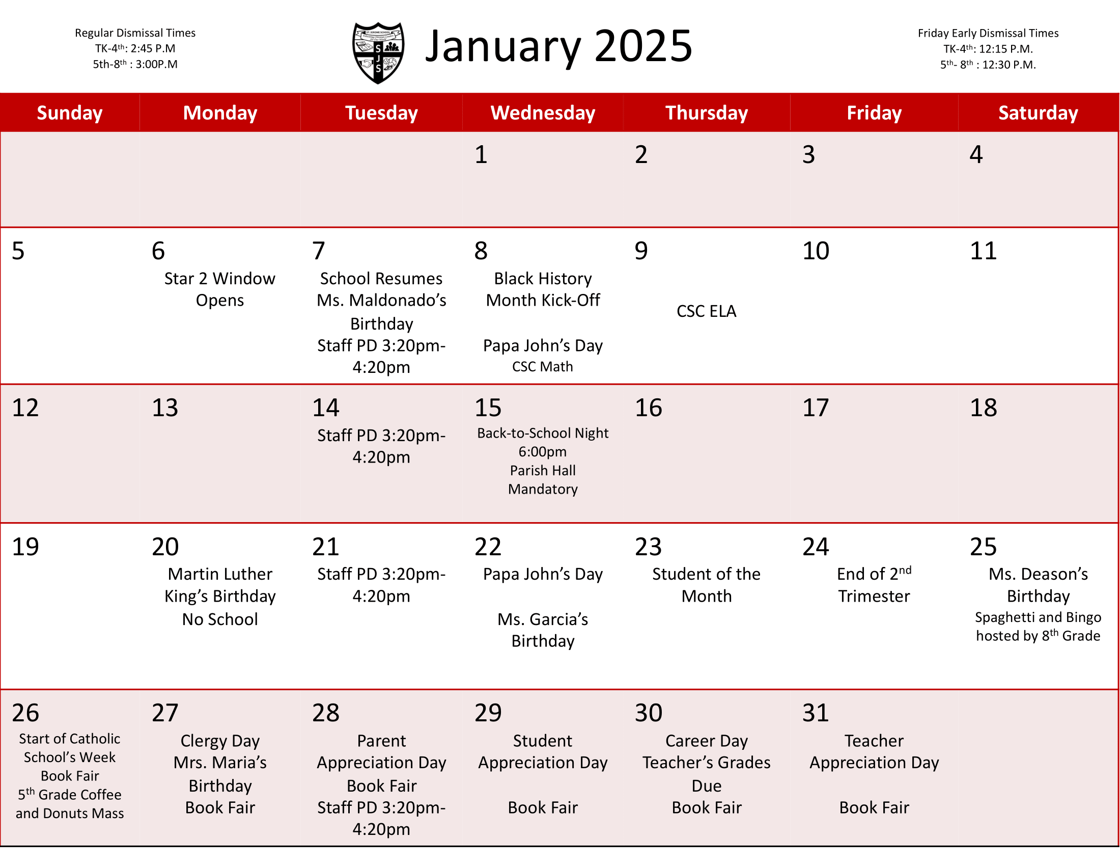 Calendar | St. Jerome School