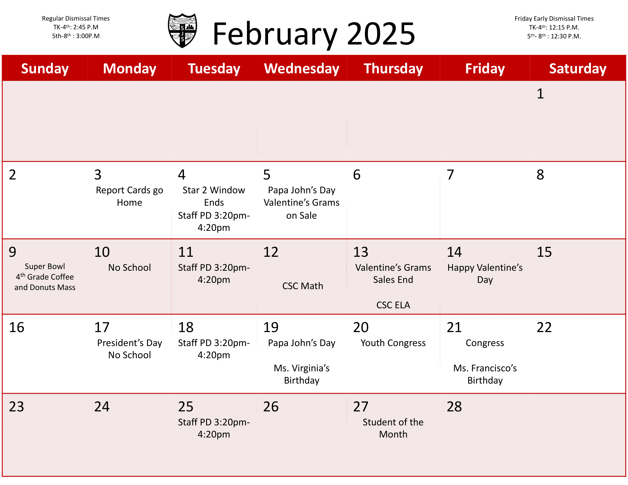 Calendar | St. Jerome School