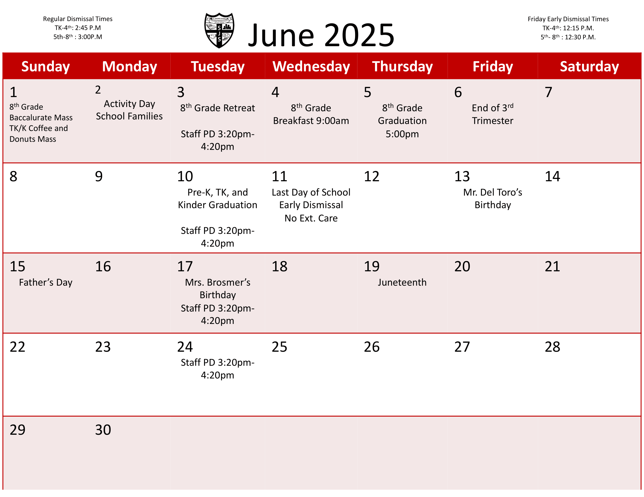 Calendar | St. Jerome School