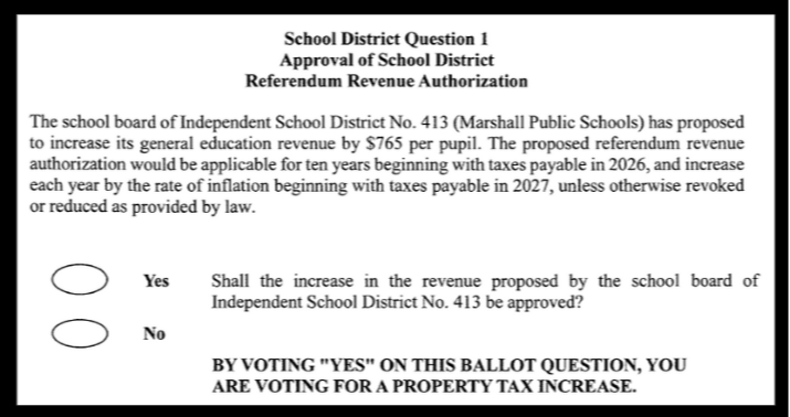 School District Question 1 Approval of School District Referendum Revenue Authorization. The school board of Independent School District No. 413 (Marshall Public Schools) has proposed to increase its general education revenue by $765 per pupil. The proposed referendum revenue authorization would be applicable for ten years beginning with taxes payable in 2026, and increase each year by the rate of inflation beginning with taxes payable in 2027, unless otherwise revoked or reduced as provided by law.    	  Yes   No	  Shall the increase in the revenue proposed by the school board of Independent School District No. 413 be approved?   BY VOTING "YES" ON THIS BALLOT QUESTION, YOU ARE VOTING FOR A PROPERTY TAX INCREASE.