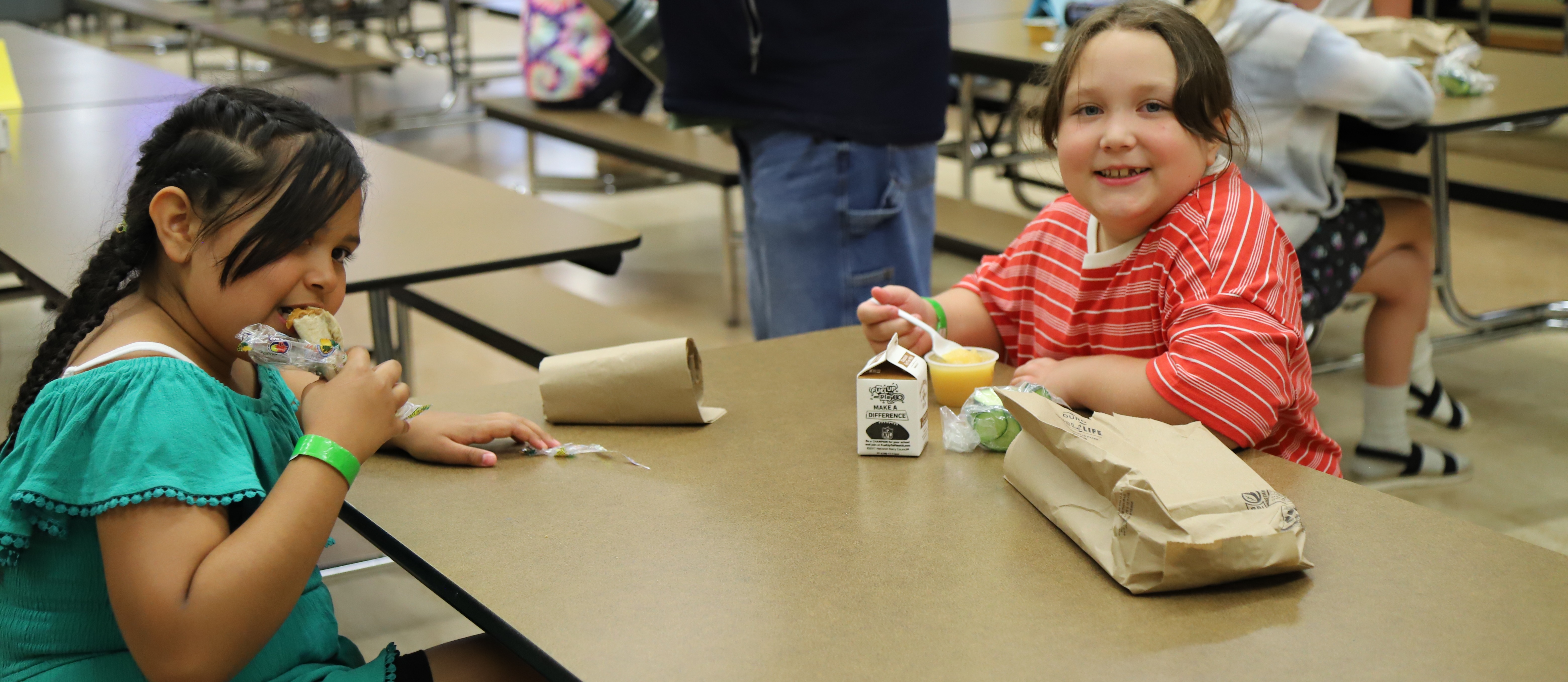 Kids sitting down to eat lunch in the school cafeteria