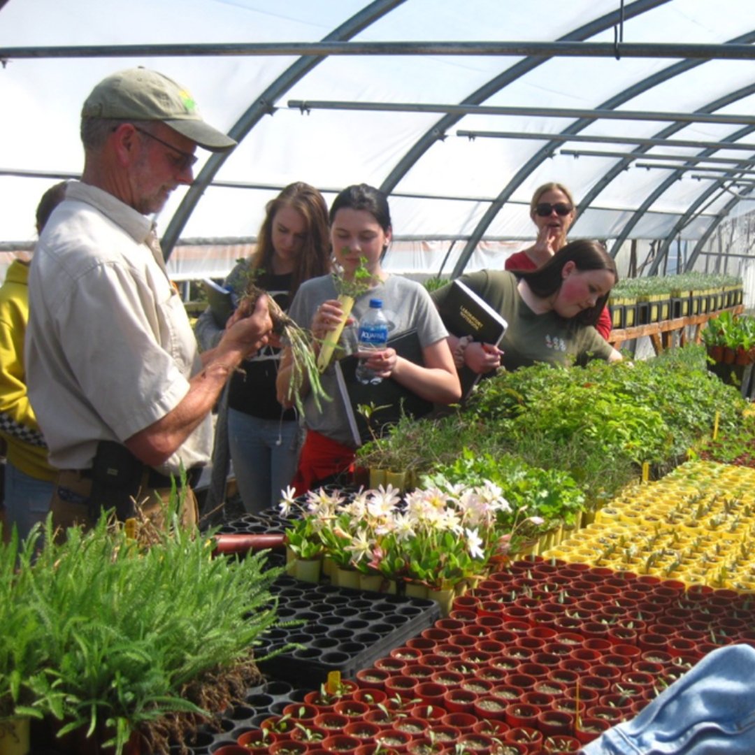 Students with teacher in green house looking at plants