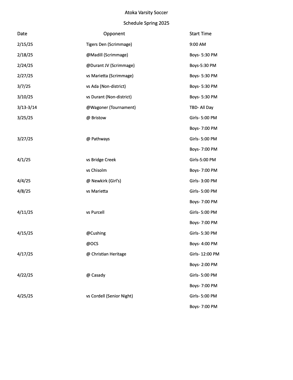 Updated 2025 AHS Soccer Schedule
