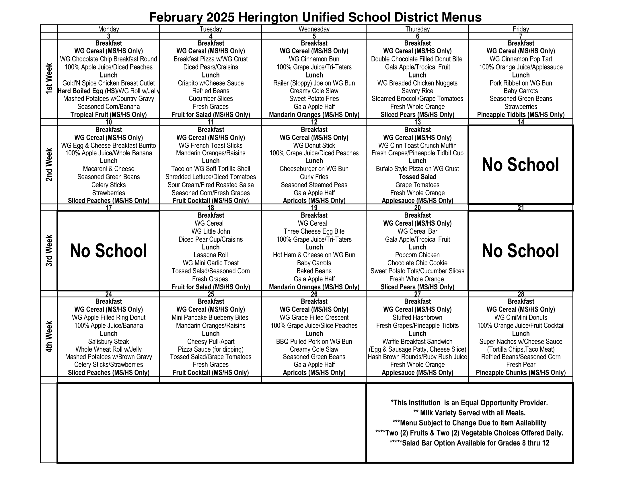 February Menu