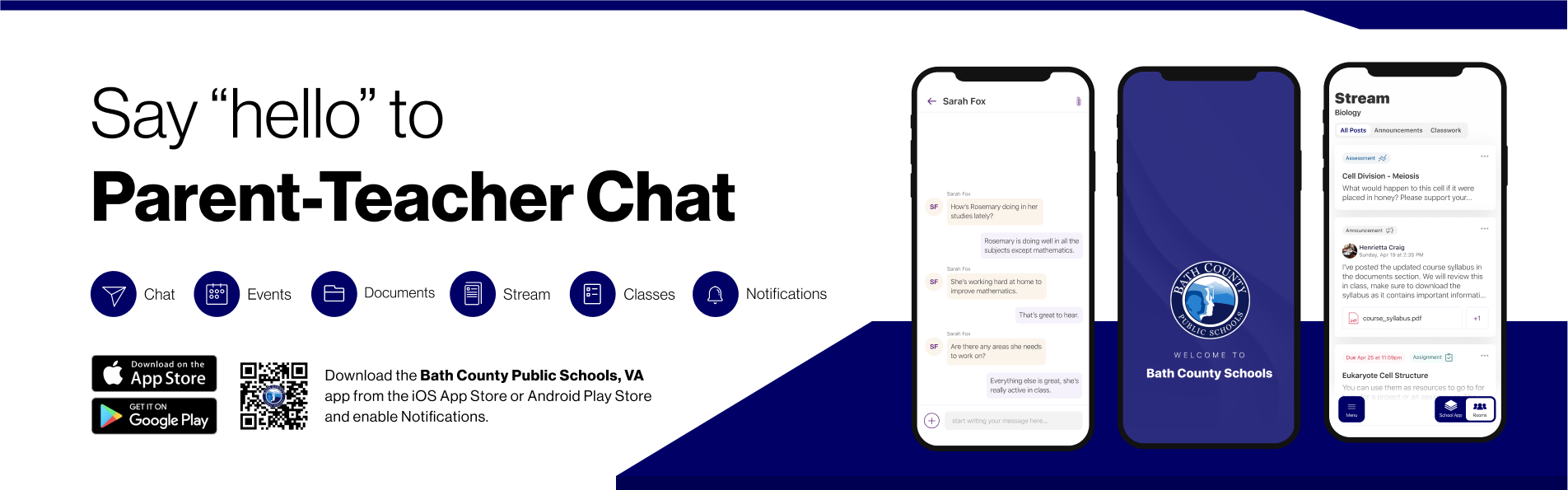 a graphic with screenshots from the new Bath County Schools App with a QR code for download in the lower left corner. It's everything bathcountyva, in your pocket 