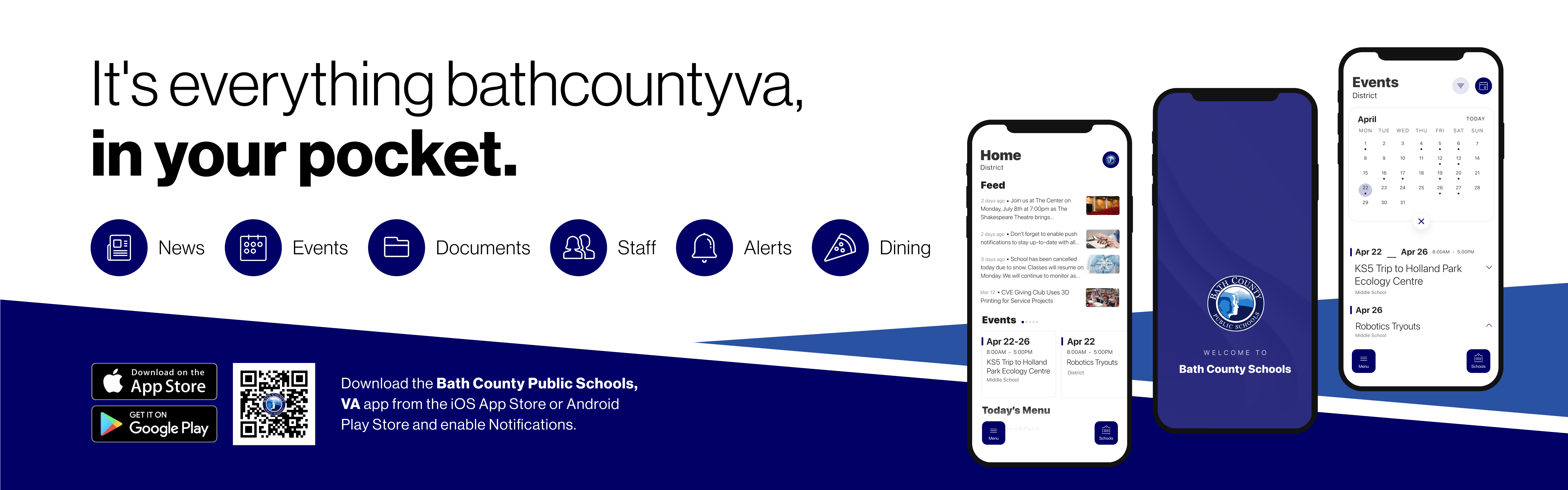a graphic with screenshots from the new Bath County Schools App with a QR code for download in the lower left corner. It's everything bathcountyva, in your pocket 