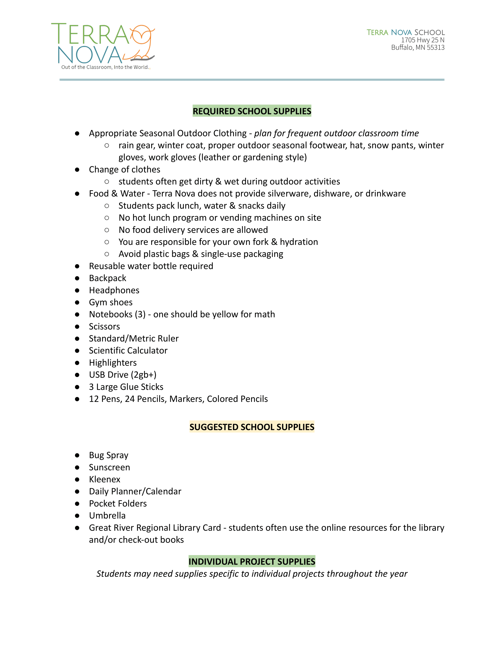 School Supplies Terra Nova School