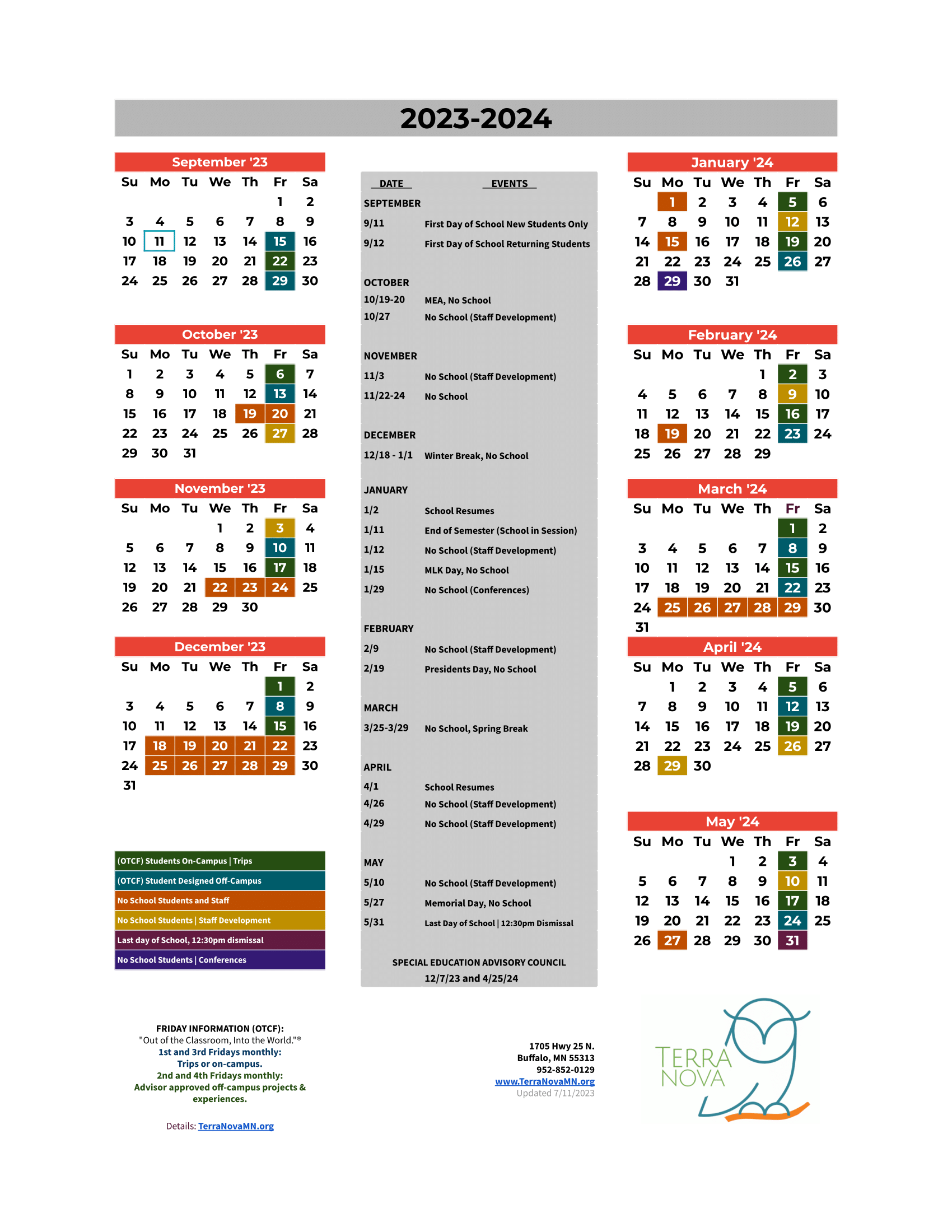 Annual Calendar Terra Nova School