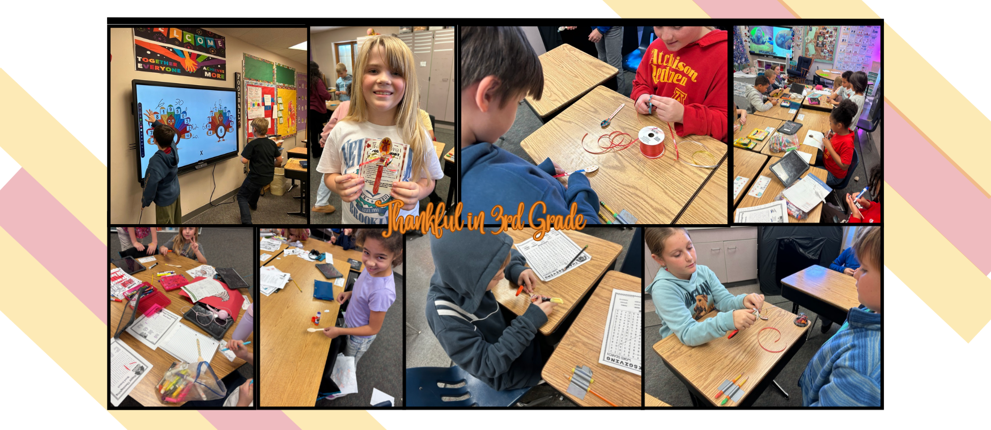 A photo collage of third graders participating in Thanksgiving activities