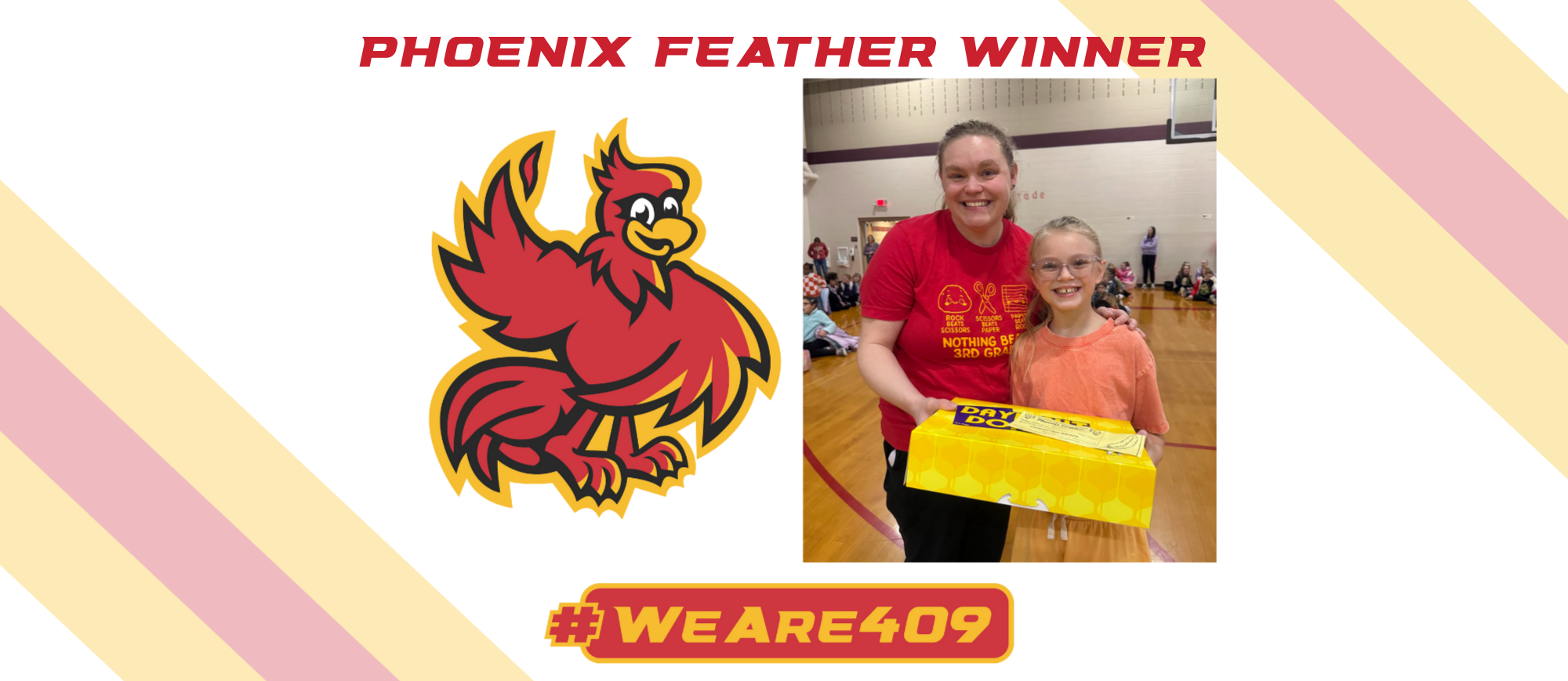 Photo of Phoenix Feather Winner, 3rd grader Ryan Herrs, with teacher Mrs. Funk