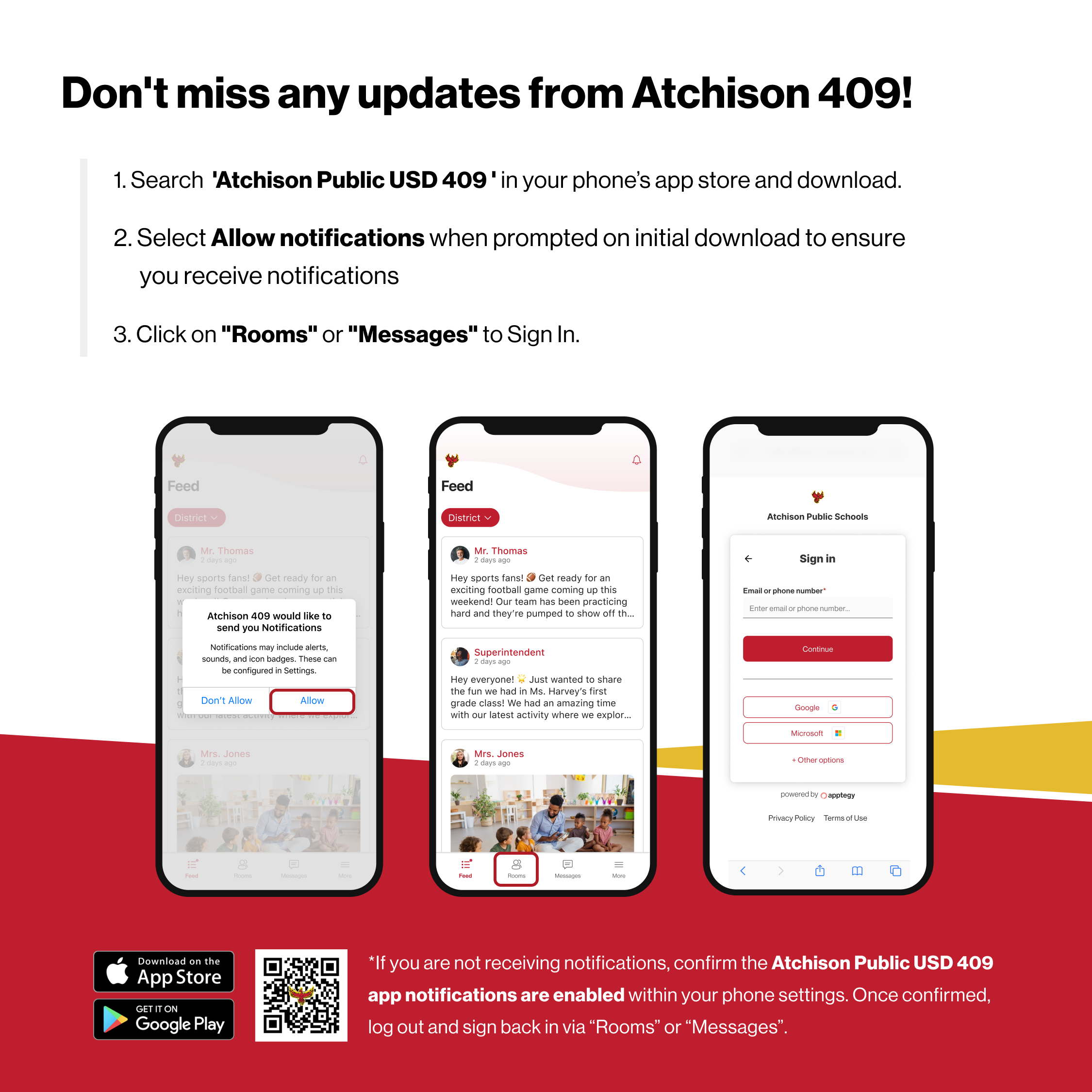 Graphic urging users of the Atchison Public USD 409 app to allow notifications so that updates and messages are not missed.