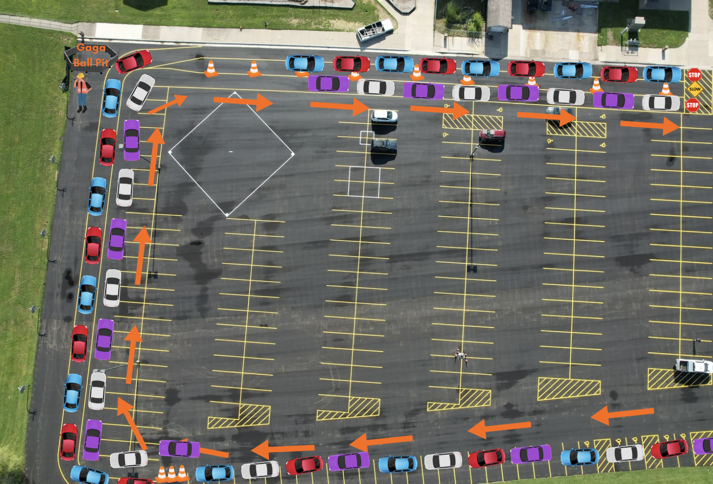 Photograph depicting the safe traffic flow around the AES back parking lot to pick students up at dismissal.