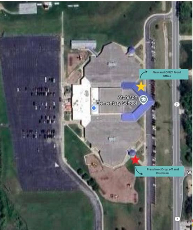 Image depicting the old primary building entrance where preschool students are met by teachers at arrival and dismissed at dismissal.
